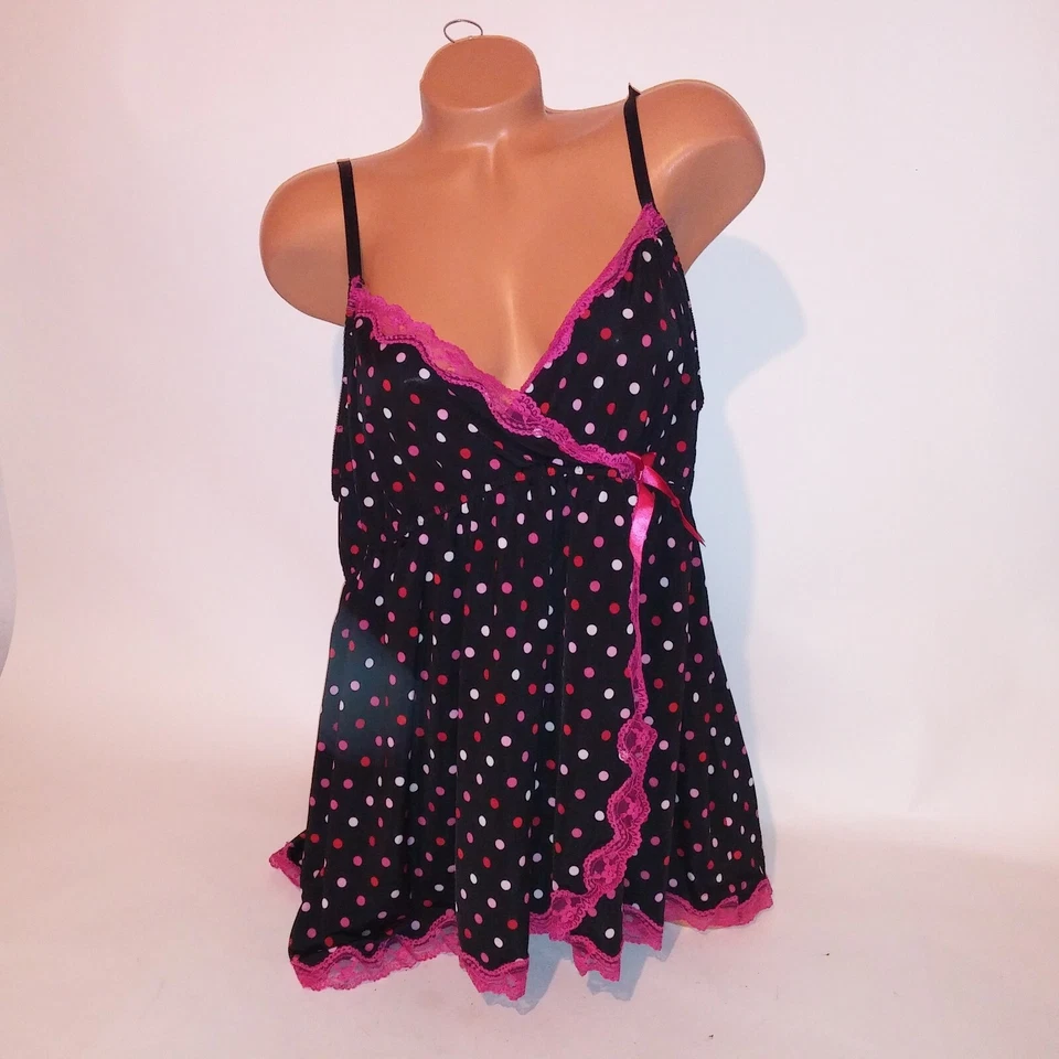 Lencería Cacique Babydoll 22 24 Negro Rosa Lunares Encaje Ribete Flyaway Inalámbrico Foto 3 de 4