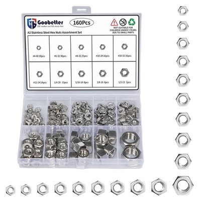 Goobetter 160PCS SAE Hex Nuts Assortment Kit, 304 Stainless Steel, 4#40 6#32 ...