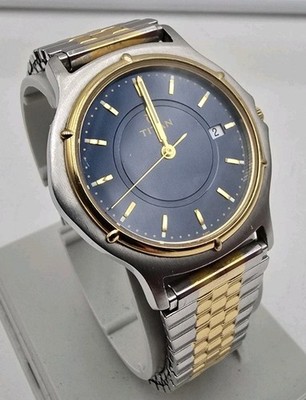 Titan Vintage Watch Two Tone Gold & Steel Mens Quartz Blue Face 535BDC