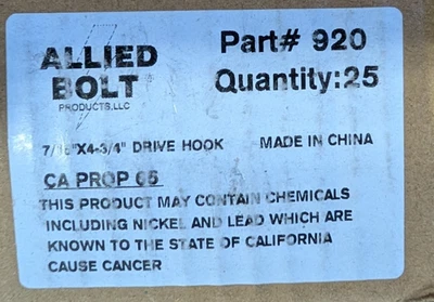 Box of 25 Allied Bolt 920 Drive Hook J Type Galvanized Steel 7/16" x 4-3/4" *V2G