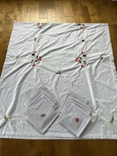 Embroidered White Rectangular Tablecloth With 12 Napkins Cherries Fruit 118 X 54
