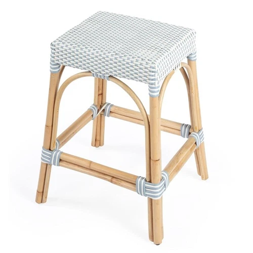 Butler Specialty Company Robias Rattan 24.5" Counter Stool -White & Sky Blue Dot - Picture 2 of 8