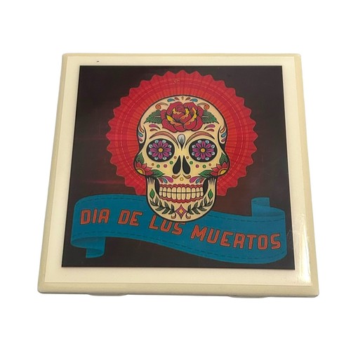 Dia de los Muertos Sugar Skull Coasters Set 2 Ceramic Tile Cork Back Halloween - Picture 6 of 7