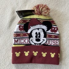 New With Tags Disney Unisex Mickey Mouse Beanie Red Fair Isle Santa Hat Pom Pom