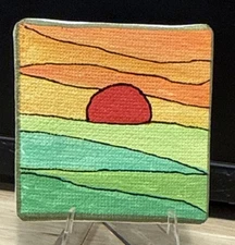 Sunset Over Field - Acrylic Ink ACEO Original Painting On Canvas 2x2 in  Mini