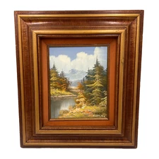 Vintage Original Painting Water, Trees, Mountain, River Signed L Opens? 16x18"