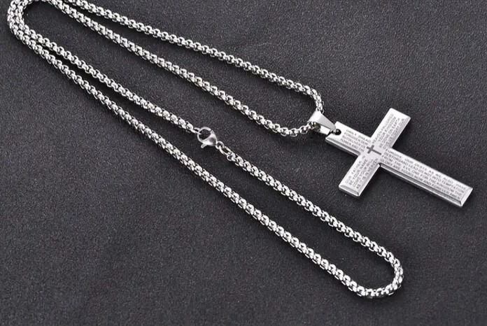 Blessed cross necklace featuring the Lords Prayer for faith and protection