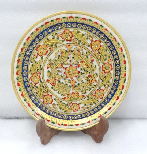 9" Marble Plate Kishti Marquetry Gold Hand Painted Handicraft Table Decor Gifts