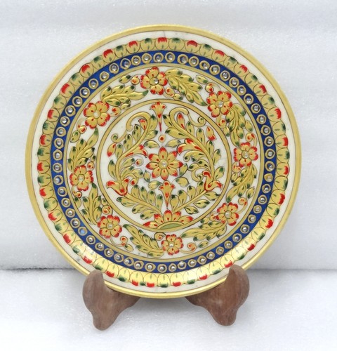 9" Marble Plate Kishti Marquetry Gold Hand Painted Handicraft Table Decor Gifts - Picture 1 of 5