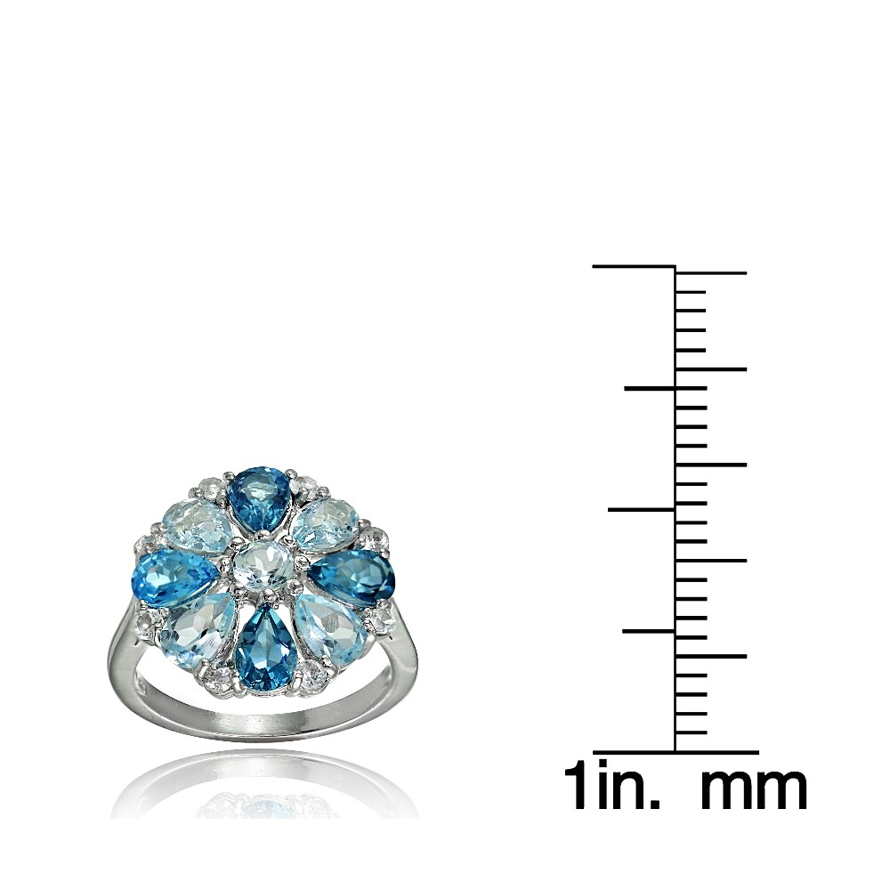 Ice Gems Sterling Silver Ring - London Blue & Blue Topaz Flower Design With White Topaz Accents - View #5