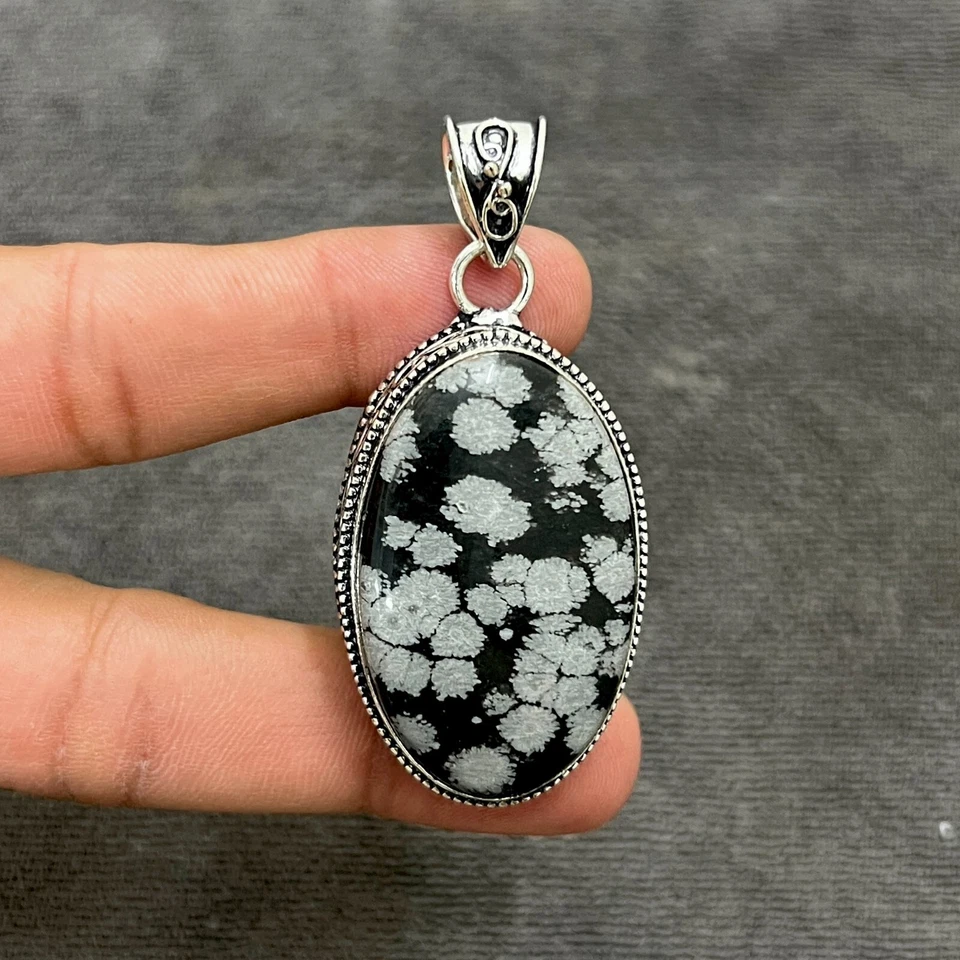 Fiocco di neve ossidiana gemma argento sterling 925 ciondolo gioiello fatto a... - Immagine 3 di 4