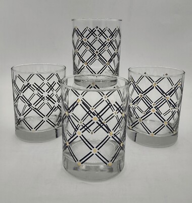 Vtg MCM Low Ball Glasses Black Cross Hatch Gold Diamond Accents 4.25'' H