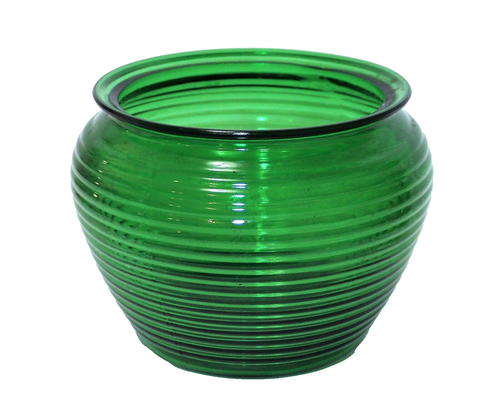 Vintage Planter Bowl Vase Green Glass Ribbed with Floral Frog - Picture 4 of 12