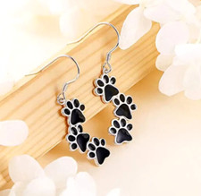 Silvery Jewelry Puppy Dog Cat Pet Paw Print Dangle Earrings Black Earrings