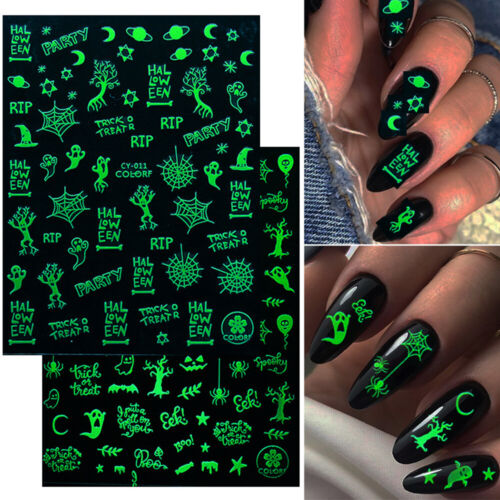 Luminous 3D Nail Stickers Glow In Dark Halloween Decals Nail Art Decoration New - Picture 2 of 18