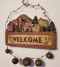 Country Farm Animals Welcome Sign 10" Brown Bells Barn Rustic Holiday Christmas
