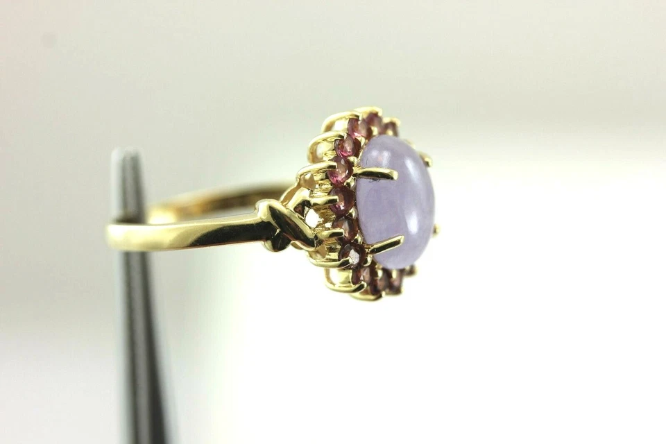 Anillo de oro amarillo de 14k lavanda jadeíta jade natural rodolita granate halo patrimonio Foto 4 de 4