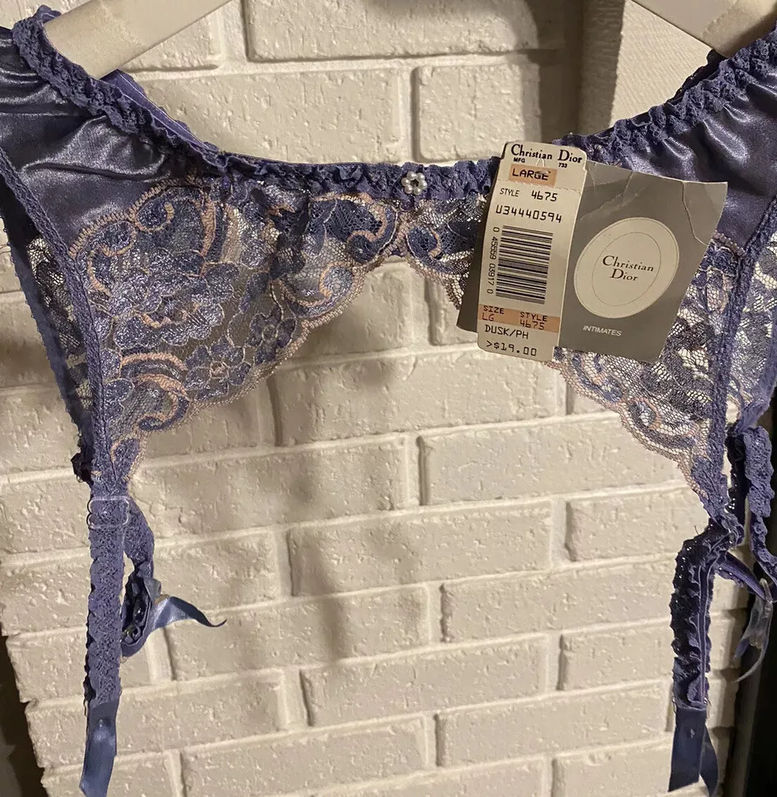 Ceinture jarretière en dentelle violette vintage Christian Dior années 80 neuve avec étiquettes taille grande
