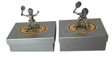 Hudson Pewter Boy & Girl Playing Tennis 2" tall. Lot of 2 Made in USA with Boxes