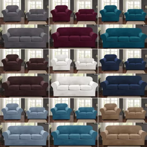 Samt Stretch Elastisch Sofabezug Wohn Couch Schonbezüge Schoner 1/2/3 Sitzer - Bild 1 von 112