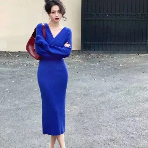 Vestido midi tejido para mujer cuello en V elegante suéter vestidos invierno damas - Imagen 5 de 30