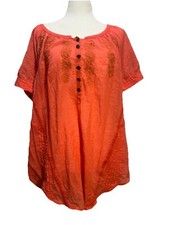 NINE WEST Women L Pink Short Sleeve Top Embroidered Pleated Boho Peasant Hippie