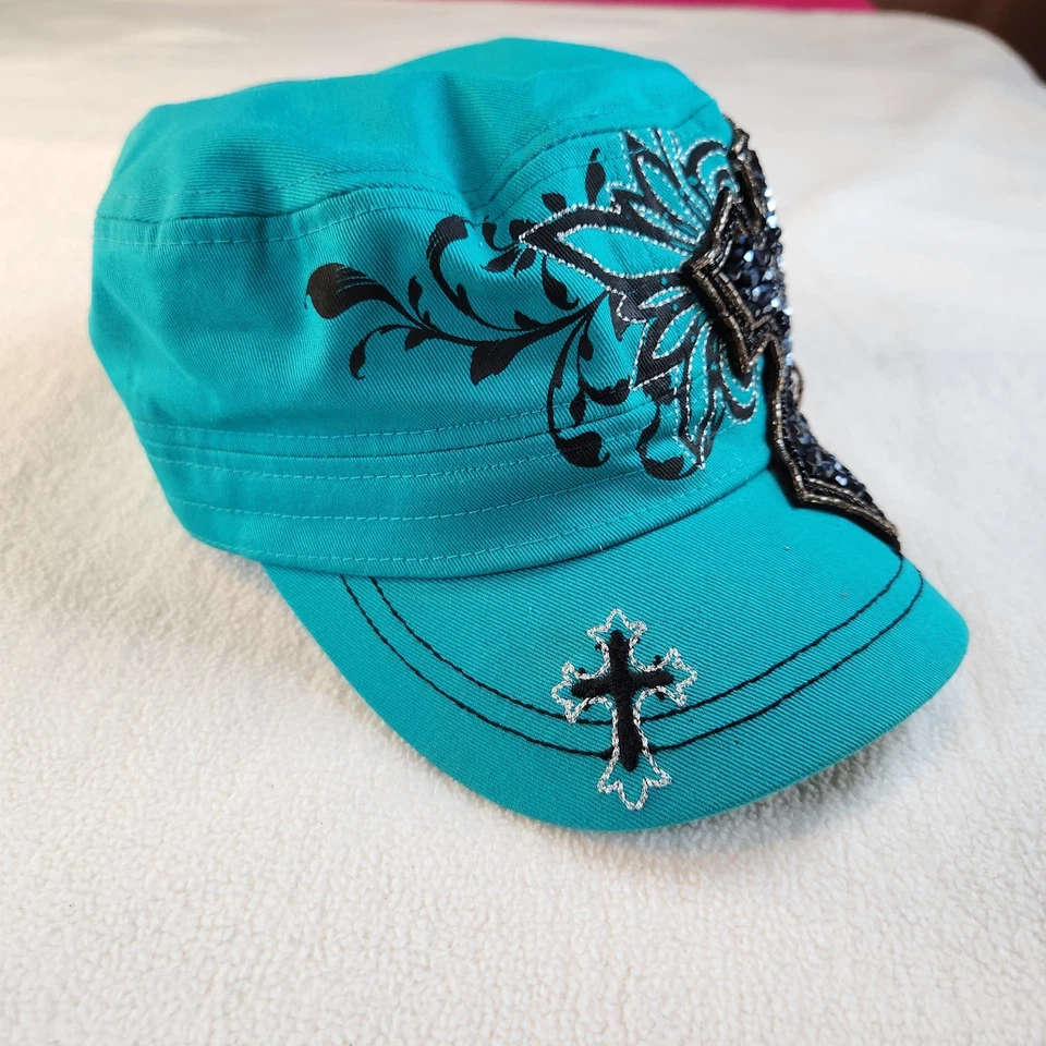 De colección Y2K Showman Alta Costura Estrás Cruz Cadete Gorra Sombrero Ed Resistente Azul Militar  Foto 2 de 4