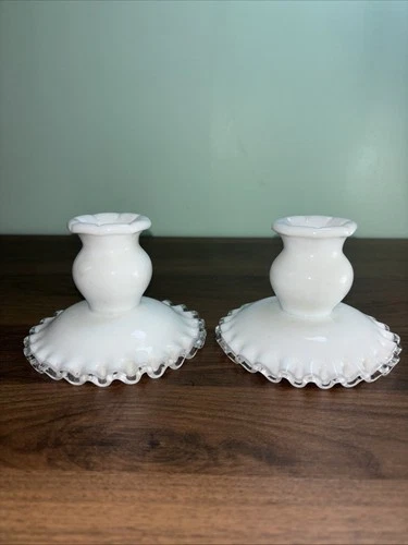 Vintage Pair White Milk Glass Silver Crest  Candlesticks Holders Ruffled Edge