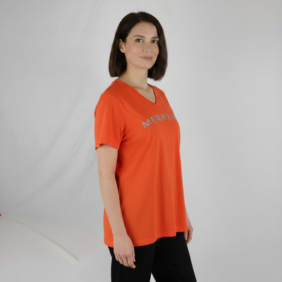 Merrell Women Orange Graphic T Shirt Wordmark Graphic Logo V Neck Sz L