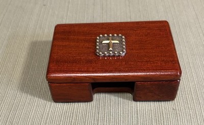 Mahogany Color wooden business card box featuring a metallic cross