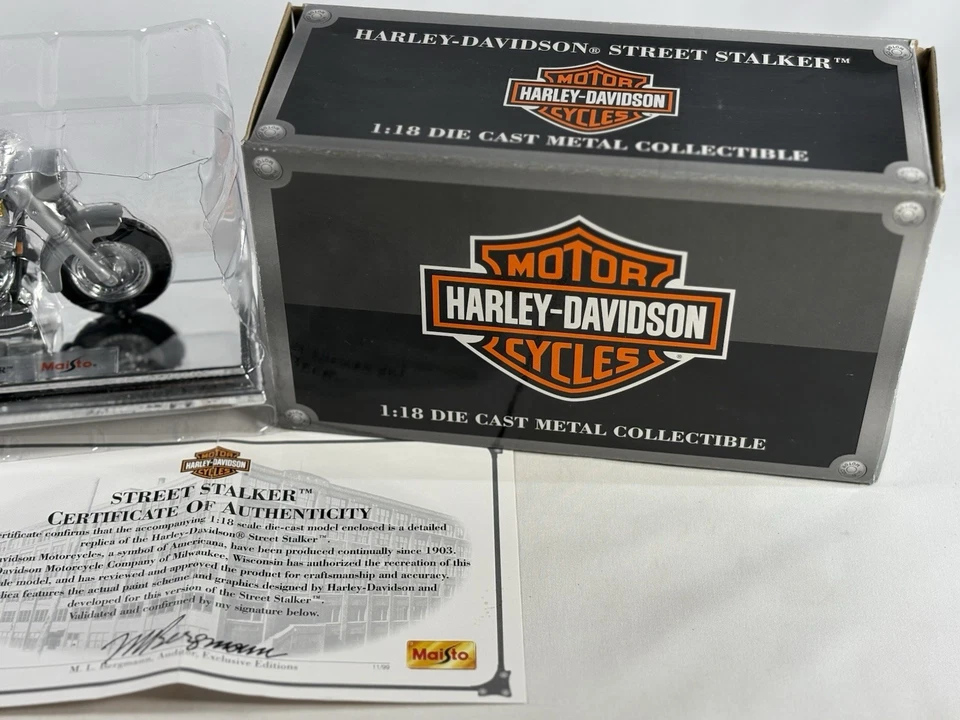 Maisto 1/18 Harley Davidson Street Stalker Diecast Nuevo en caja Caja Certificado de Autenticidad De Colección Plateado EE. UU. Foto 3 de 4