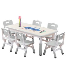 Kids Table and Chairs Set, Height Adjustable Desk With 6 Seats for Ages 2-12,...