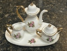 Vintage Miniature Tea Set, Floral, Gold-Trimmed Teapot, Sugar Bowl, Pitcher