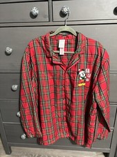 DISNEY STORE MICKEY MOUSE MENS LARGE RED PLAID BUTTON DOWN PAJAMA TOP EUC