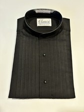 Black mandarin collar collarless pleated tuxedo shirt, size XS