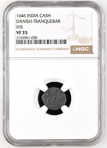 1646 Danish India Lead Cash, Kas, NGC VF 35, KM-39, RRR Rarity - Picture 1 of 3