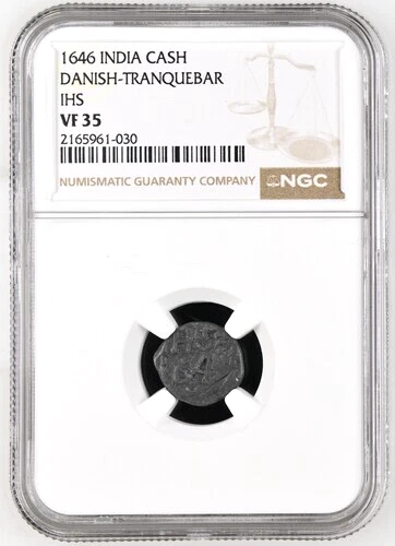 1646 Danish India Lead Cash, Kas, NGC VF 35, KM-39, RRR Rarity