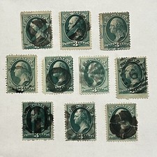 LOT OF 10 US FANCY CANCELS ON GREEN GEORGE WASHINGTON STAMPS #11