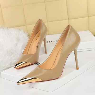 Pumps Schuhe 10.5 CM Beige Gold Absatz Stift Elegant Leder Kunststoff
