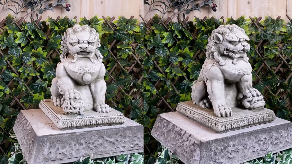 Pair of Foo Dog Stone Statues | Oriental Dragon Animal Buddha
