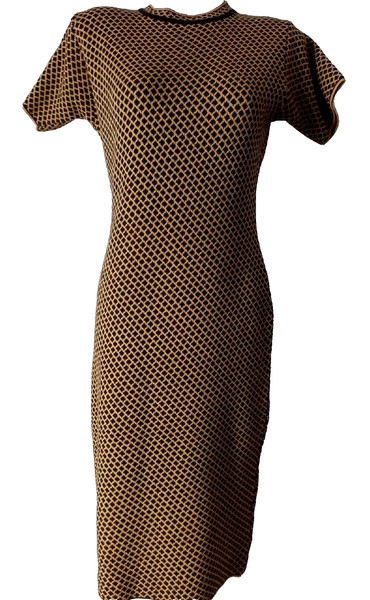 FASHIONKILLA Knit Sheath Dress Midi Brown Diamond Lattice Geometric Y2K Size 6