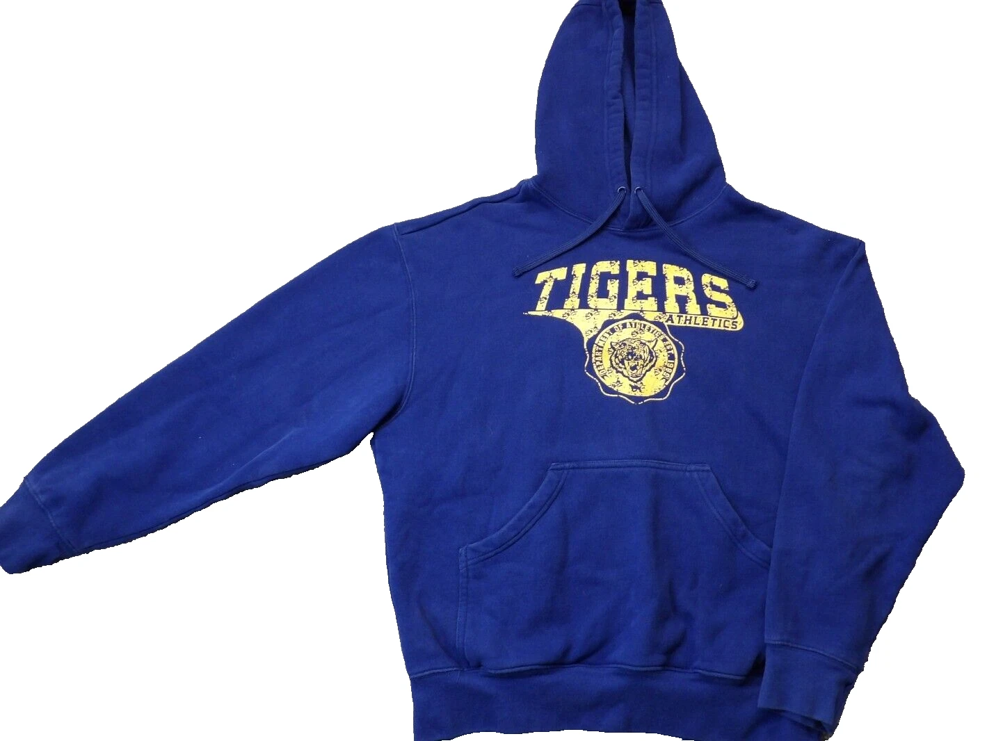 Vtg Athletics Works TIGERS Mens M Blue SWEAT Shirt Hoodie 90's Y2K Pull over Top