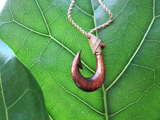 Koa Wood Carved Tribal Hawaiian Jewelry Fish Hook Maori Pendant 45032