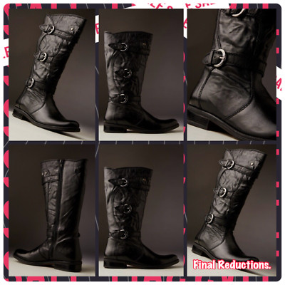 SALE SCHWARZ DAMEN GRÖSSE 5 SEITLICH DREIFACH SCHNALLE NIEDRIGER ABSATZ BIKER-STIL KNIEHOHE STIEFEL