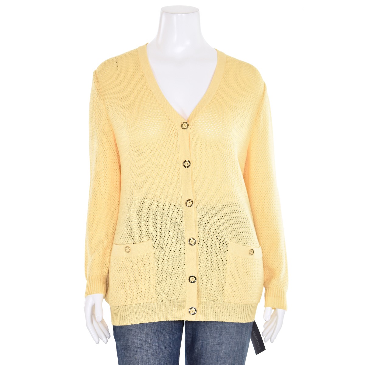 John Sport V-Neck Open Knit Cardigan Sweater in Light Yellow sz L