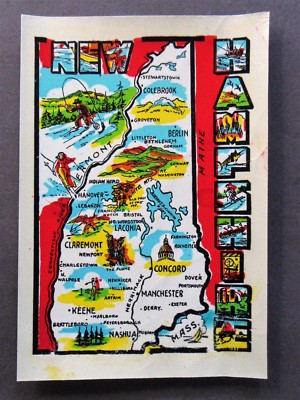 1950s Moore NEW HAMPSHIRE MAP water slide travel decal luggage car rat rod!  MIP