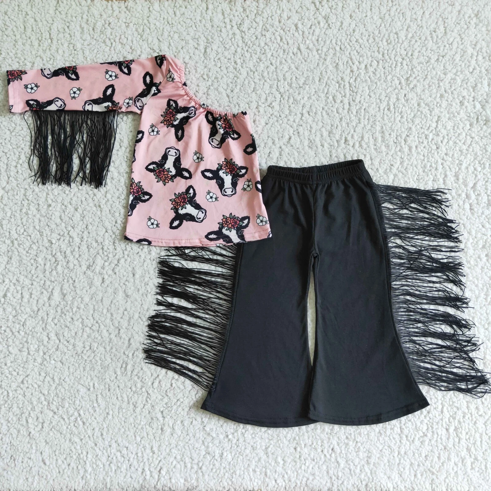 Girls One Shoulder Tassels Floral Cow Pants Set 2pcs Western Outfit