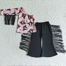 Girls One Shoulder Tassels Floral Cow Pants Set 2pcs Western Outfit