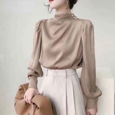 Satin Luxury Office Lady Casual Shirt Fashion Solid Long Sleeve Tops Blouses  | eBay
