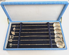 6 Japanese 950 STERLING SILVER Figural Iced Tea Spoons Floral Bowls Boxed Set
